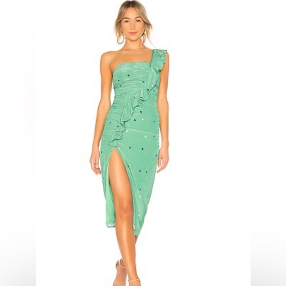 Majorelle Tali One-Shoulder Mint Green Ruffled Midi Dress size XS